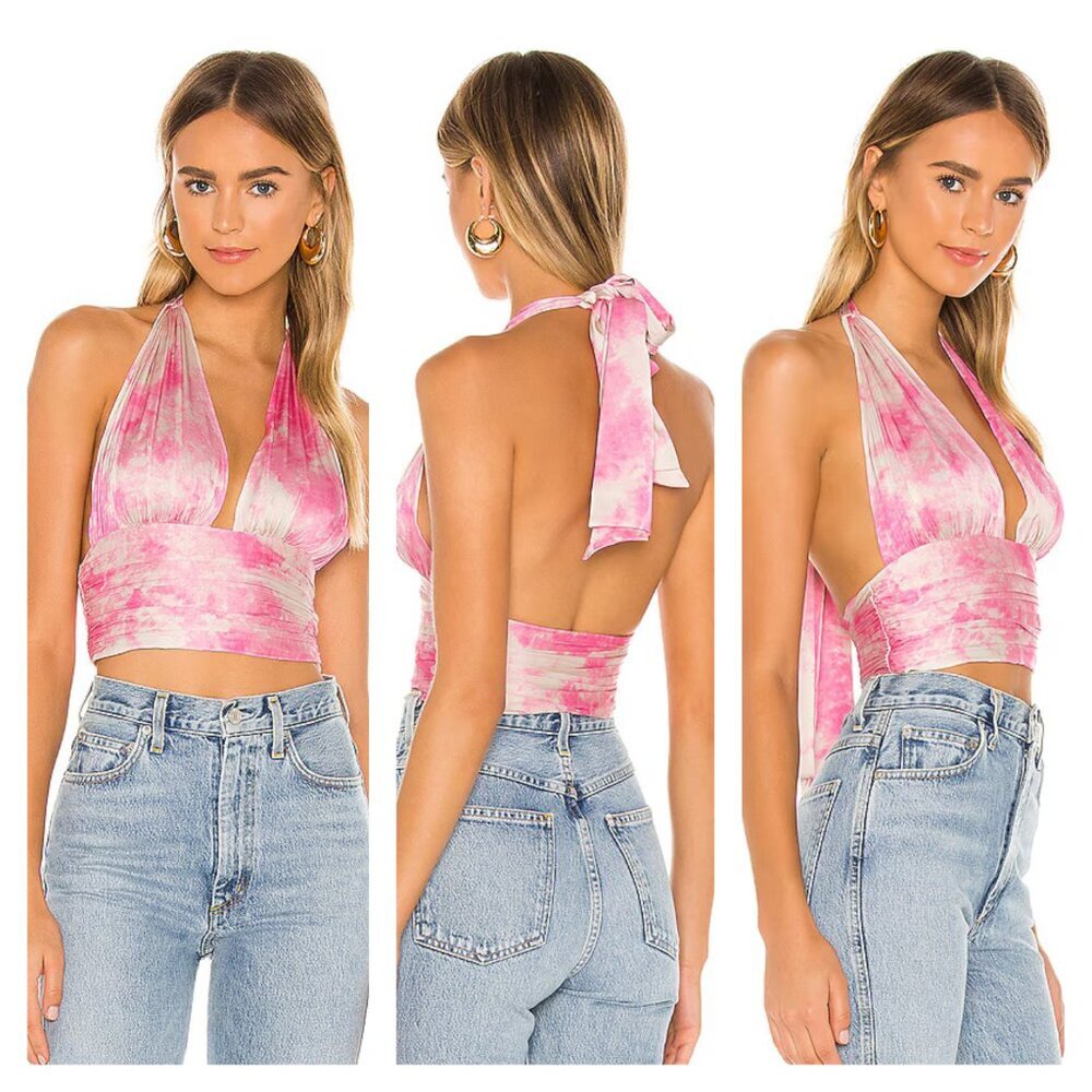 LOVERS + FRIENDS Venice Pink Tie-Dye Halter Top M Satin Fabric Shiny
